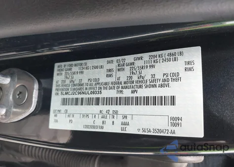 2022 Lincoln Corsair Reserve z USA, uszkodzony, nr VIN 5LMCJ2C96NUL09335